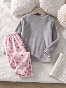 2件組女童幼兒時尚卡通考拉與愛心印花長袖抓絨睡衣套裝，冬季法蘭絨睡衣套裝，蝴蝶結睡衣套裝，女童居家休閒服套裝 - 灰色 - 查看 2