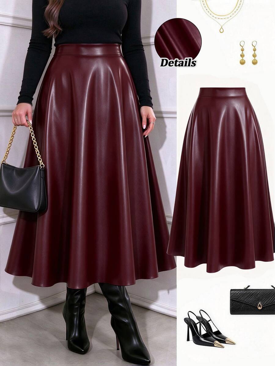 Femmeverse Plus Size Tall Women's Autumn/Winter High-End Solid Color Leather Midi Skirt Fall Christmas New Year Office Formal Elegant - Burgundy - View 1