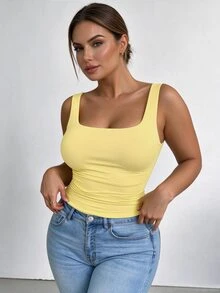 Elenzga ملابس علوية بلا أكمام ذات رقبة مربعة للنساء كبيرات الحجم، مناسبة للربيع والصيف، للعطلات، ملابس علوية بيضاء أساسية للخروج - أصفر - مشاهدة 1