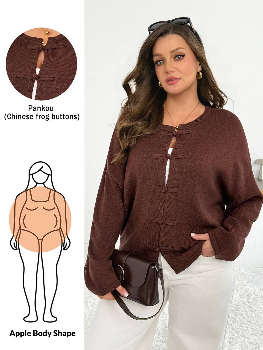 Shapeblank Women's Plus-Size Brown Knit Cardigan Stylish Elegant Casual Loose Comfortable Features Toggle Fastenings Suitable For Fall/Winter Daily Office Wear - Brown - View 1