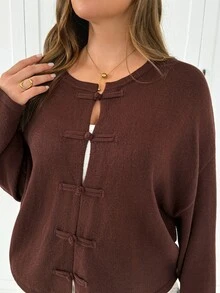 Shapeblank Women's Plus-Size Brown Knit Cardigan Stylish Elegant Casual Loose Comfortable Features Toggle Fastenings Suitable For Fall/Winter Daily Office Wear - Brown - View 6