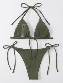 Swim Basics Summer Beach Mono Bikini Set Halter Triangle Bra & Tie Side Bottom 2 Pieces Bikini - Army Green - View 3