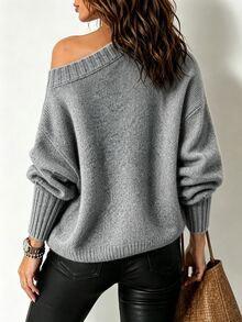 SHEIN Fall Winter Slouchy One Shoulder Knit Jumper Women Wide Sleeve Relaxed Fit Soft Cozy Sweater - Dark Grey - View 2