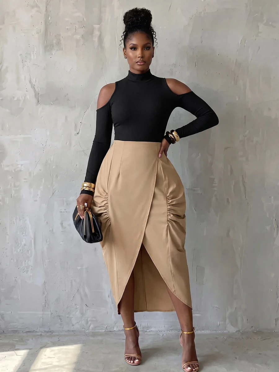 BamGlimmer Autumn New Tea Color Women's Skirt, Asymmetrical Hem, Pleated Side Seam, Suitable For Daily Outings, Street Photography, Commuting, Versatile - Khaki - View 1
