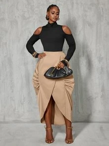 BamGlimmer Autumn New Tea Color Women's Skirt, Asymmetrical Hem, Pleated Side Seam, Suitable For Daily Outings, Street Photography, Commuting, Versatile - Khaki - View 5