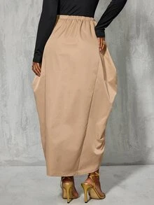 BamGlimmer Autumn New Tea Color Women's Skirt, Asymmetrical Hem, Pleated Side Seam, Suitable For Daily Outings, Street Photography, Commuting, Versatile - Khaki - View 2