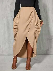 BamGlimmer Autumn New Tea Color Women's Skirt, Asymmetrical Hem, Pleated Side Seam, Suitable For Daily Outings, Street Photography, Commuting, Versatile - Khaki - View 7