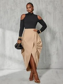 BamGlimmer Autumn New Tea Color Women's Skirt, Asymmetrical Hem, Pleated Side Seam, Suitable For Daily Outings, Street Photography, Commuting, Versatile - Khaki - View 3
