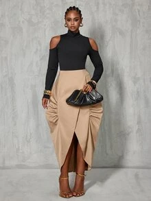 BamGlimmer Autumn New Tea Color Women's Skirt, Asymmetrical Hem, Pleated Side Seam, Suitable For Daily Outings, Street Photography, Commuting, Versatile - Khaki - View 4