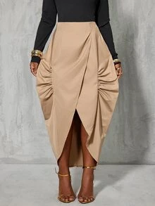 BamGlimmer Autumn New Tea Color Women's Skirt, Asymmetrical Hem, Pleated Side Seam, Suitable For Daily Outings, Street Photography, Commuting, Versatile - Khaki - View 6