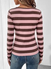 SHEIN LUNE Winter Clothes For Women Brown Color-Block Stripes 95% Cotton Winter Print Women's Square Neck Long Sleeve T-Shirt - Multicolor - View 3