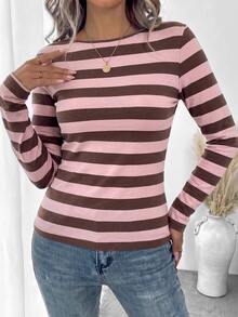 SHEIN LUNE Winter Clothes For Women Brown Color-Block Stripes 95% Cotton Winter Print Women's Square Neck Long Sleeve T-Shirt - Multicolor - View 5