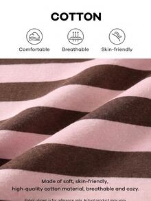 SHEIN LUNE Winter Clothes For Women Brown Color-Block Stripes 95% Cotton Winter Print Women's Square Neck Long Sleeve T-Shirt - Multicolor - View 2