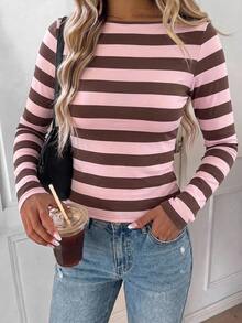 SHEIN LUNE Winter Clothes For Women Brown Color-Block Stripes 95% Cotton Winter Print Women's Square Neck Long Sleeve T-Shirt - Multicolor - View 4