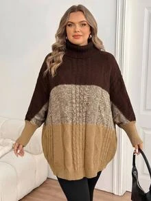 SHEIN CURVE+ Plus Size Women's Colorblock Casual Everyday Long Sleeve Sweater Winter - Multicolor - View 4