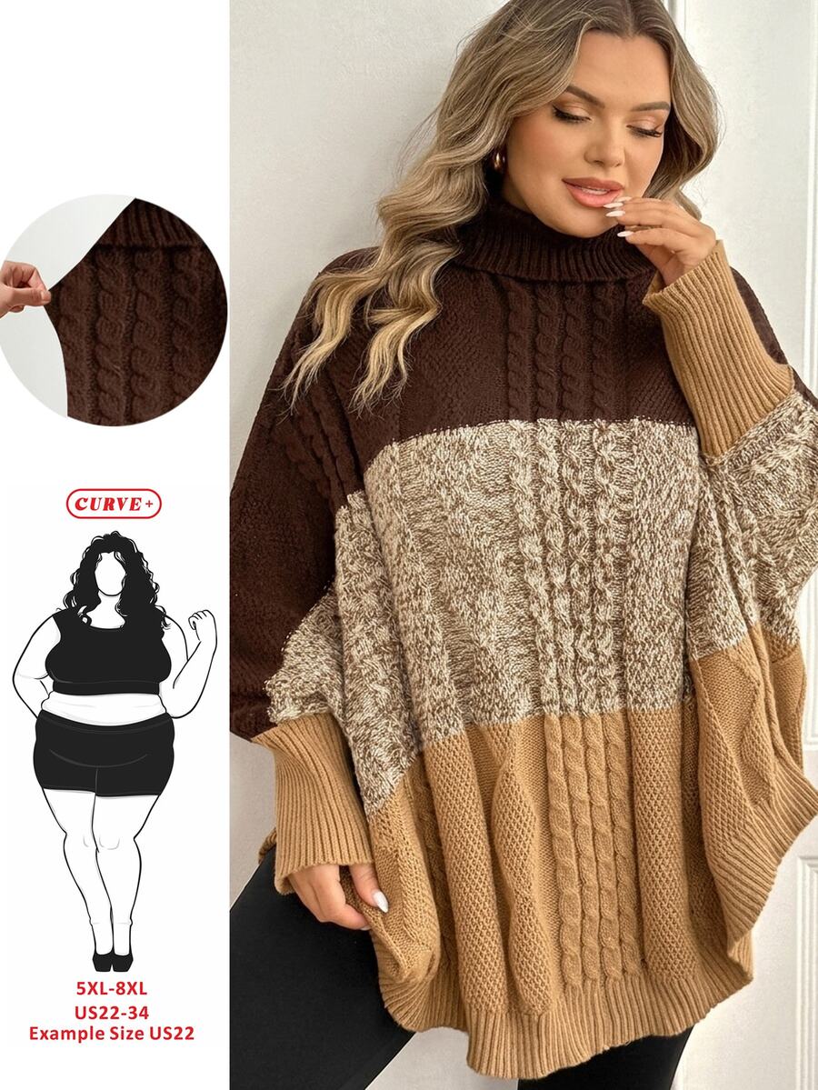 SHEIN CURVE+ Plus Size Women's Colorblock Casual Everyday Long Sleeve Sweater Winter - Multicolor - View 1