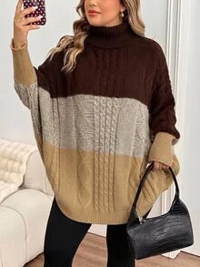 SHEIN CURVE+ Plus Size Women's Colorblock Casual Everyday Long Sleeve Sweater Winter - Multicolor - View 3