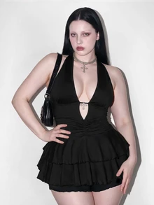 SHEIN ICON Plus Size Y2K Sexy Gothic Deep V-Neck Hollow Out Backless Jumpsuit - Black - View 2