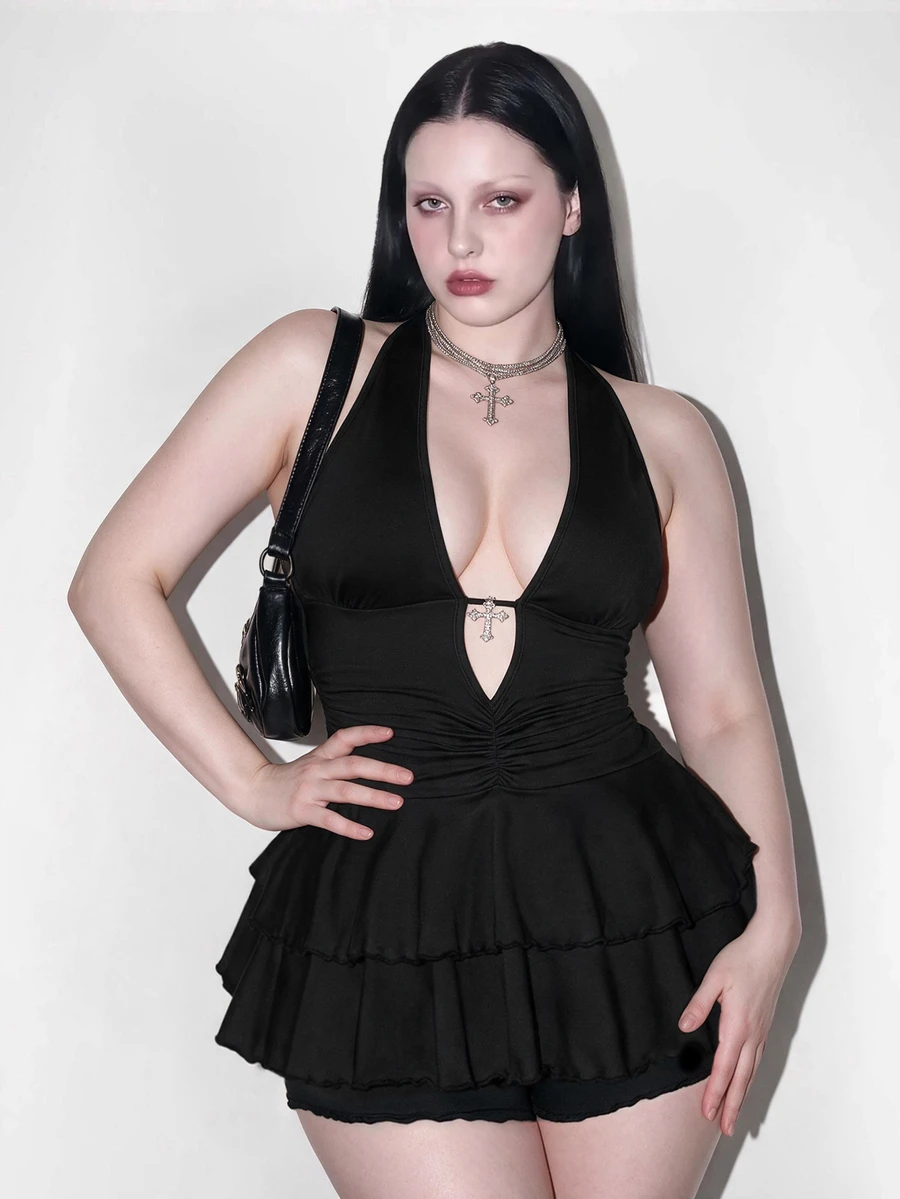 SHEIN ICON Plus Size Y2K Sexy Gothic Deep V-Neck Hollow Out Backless Jumpsuit