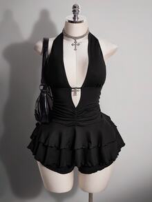 SHEIN ICON Plus Size Y2K Sexy Gothic Deep V-Neck Hollow Out Backless Jumpsuit - Black - View 3