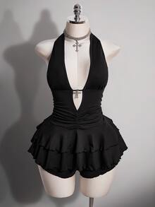 SHEIN ICON Plus Size Y2K Sexy Gothic Deep V-Neck Hollow Out Backless Jumpsuit - Black - View 5