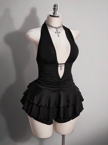 SHEIN ICON Plus Size Y2K Sexy Gothic Deep V-Neck Hollow Out Backless Jumpsuit - Black - View 7
