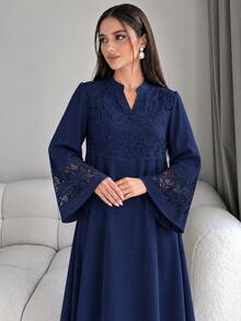 Al Najma Fall Fashion V-Neck Flared Sleeve Patchwork 3D Embroidered Lace Trim Full Skirt Dress Christening Guest Morning Modest Elegant - Navy Blue - View 1