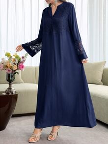 Al Najma Fall Fashion V-Neck Flared Sleeve Patchwork 3D Embroidered Lace Trim Full Skirt Dress Christening Guest Morning Modest Elegant - Navy Blue - View 7
