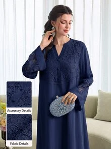 Al Najma Fall Fashion V-Neck Flared Sleeve Patchwork 3D Embroidered Lace Trim Full Skirt Dress Christening Guest Morning Modest Elegant - Navy Blue - View 4
