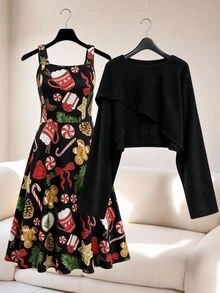 GlowEve CURVE Plus Size Women's Elegant Solid Color Asymmetrical Knit Cover Up + Christmas Pattern Print Knit Cami Dress Contrast Color 2 Pieces Set, Minimalist Design Suitable For Daily Commute, Outings, Christmas Holiday Dates And Gatherings - Multicolor - View 3