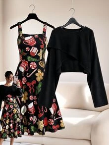 GlowEve CURVE Plus Size Women's Elegant Solid Color Asymmetrical Knit Cover Up + Christmas Pattern Print Knit Cami Dress Contrast Color 2 Pieces Set, Minimalist Design Suitable For Daily Commute, Outings, Christmas Holiday Dates And Gatherings - Multicolor - View 1