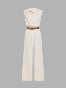 SHEIN MOD HIGH NECK SOLID POCKET JUMPSUIT WITH BELT - Apricot - View 1