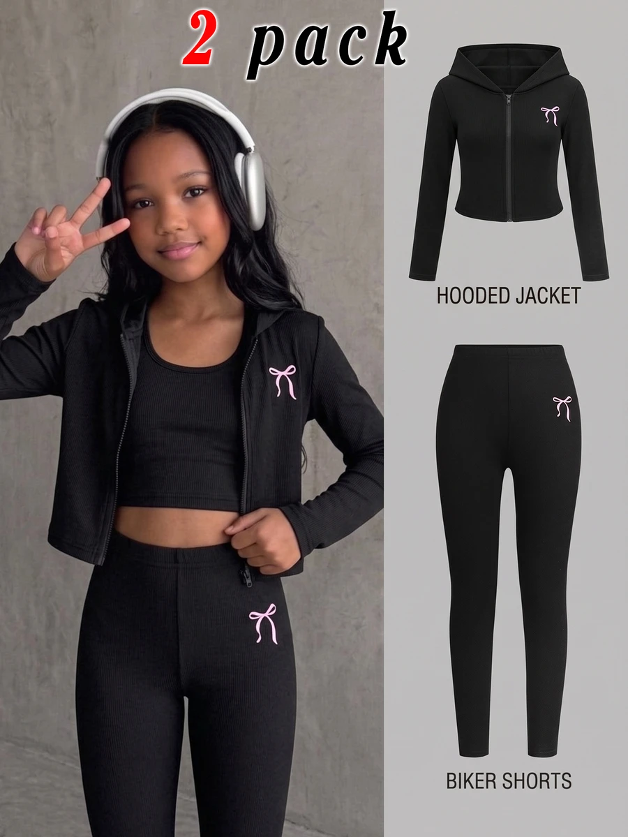 SHEIN Tween Girl Casual Minimalist Sporty Knit Bow Print Hooded Zip- Jacket And Leggings 2 Pieces Set, Autumn/Winter Daily Wear - Black - View 1