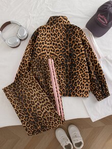 SHEIN 女童 2 件套豹紋立領拉鍊夾克 + 寬腿褲，粉色蝴蝶結印花 + 側條紋裝飾休閒運動套裝 - 卡其色 - 查看 7