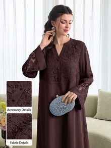 Mulvari Women Spring Summer Elegant Dark Brown Lace Embroidery Notch V Neck Button Front Loose Long Sleeve Modest Dress For Family Dinner Daily Outing - Coffee Brown - View 6