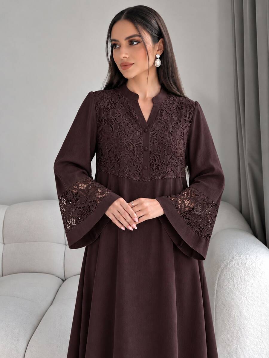 Mulvari Women Spring Summer Elegant Dark Brown Lace Embroidery Notch V Neck Button Front Loose Long Sleeve Modest Dress For Family Dinner Daily Outing - Coffee Brown - View 1