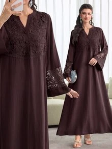 Mulvari Women Spring Summer Elegant Dark Brown Lace Embroidery Notch V Neck Button Front Loose Long Sleeve Modest Dress For Family Dinner Daily Outing - Coffee Brown - View 8