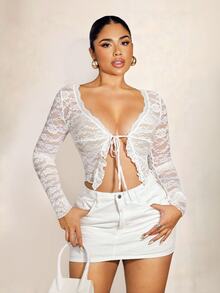 Sirith 女款性感優雅透視蕾絲細肩帶荷葉邊開襟外套 白色 秋季 約會之夜/夜生活穿搭 - 白色 - 查看 2