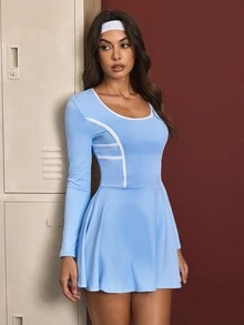 CourtClass CourtClass مجموعة ملابس رياضية للنساء فستان وشورت مخطط بألوان متباينة - الأزرق - مشاهدة 7