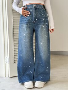 SHEIN بنطلون جينز أمومة بأزرار كاجوال للارتداء اليومي جينز عيد الميلاد مع لمعان شتوي - الأزرق - مشاهدة 8