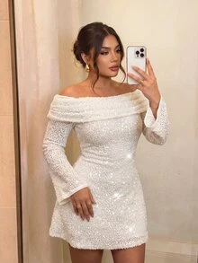Firerie فستان كوكتيل حفلة أنيق وجذاب للنساء بمقاسات كبيرة، بكتف مكشوف، أبيض بالكامل، مناسب للسنة الجديدة، فستان أنيق وجذاب للنساء لفصل الخريف/الشتاء - لون مشمشي - مشاهدة 6