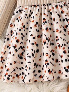 SHEIN Young Girl Knit Solid Color Round Neck Patchwork Woven Leopard Print Hem Casual Dress Kids - Apricot - View 5