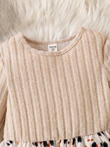 SHEIN Young Girl Knit Solid Color Round Neck Patchwork Woven Leopard Print Hem Casual Dress Kids - Apricot - View 4