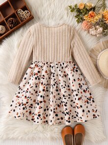 SHEIN Young Girl Knit Solid Color Round Neck Patchwork Woven Leopard Print Hem Casual Dress Kids - Apricot - View 3
