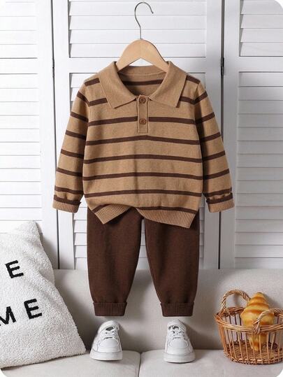 SHEIN Conjunto de punto estilo británico para niños, suéter a cuadros con cuello de camisa para niños, conjunto de pantalones engrosados, otoño, cumpleaños, guardería, vuelta al colegio, rosa, invierno