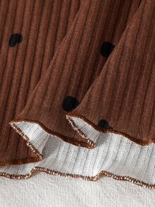 SHEIN Little Girls Sweet Matching Baby 2Pcs Set Heart Pattern Rib Knit High Neck Asymmetrical Top Flare Trousers Fall Daily Wear Birthday Mommy Daughter Brown - Coffee Brown - View 5