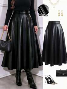 Femmeverse Plus Size Tall Women's Autumn/Winter High-End Solid Color Leather Midi Skirt Fall - Black - View 1