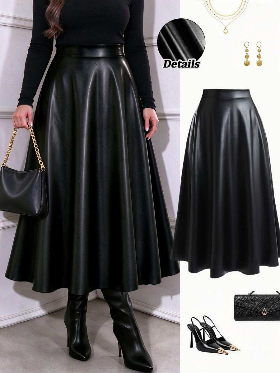 Femmeverse Plus Size Tall Women's Autumn/Winter High-End Solid Color Leather Midi Skirt Fall - Black - View 1