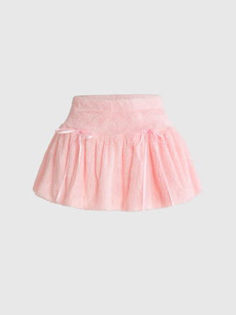 Kawaii Gonna da donna autunno/inverno carina e dolce in pile corallo rosa con vita bassa, gonna a palloncino con decorazione a fiocco