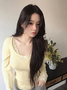 DAZY Women's Contrast Lace Fitted Elastic Ribbed Long Sleeve Scoop Neck Casual Vacation Daily Korean Style Autumn/Winter Knit Sweater - Yellow - View 5
